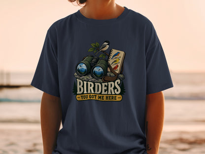 Birders graphic with binoculars, bird sketch, and text "Birders - You Got Me Here".