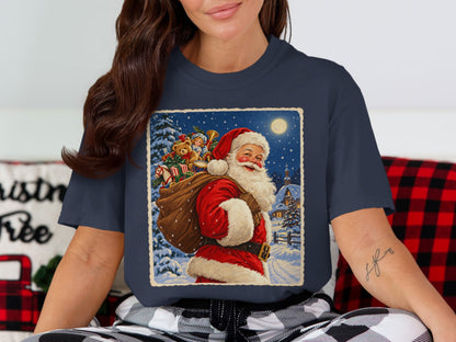 Santa Claus with sack of toys on a snowy night, vintage style print.