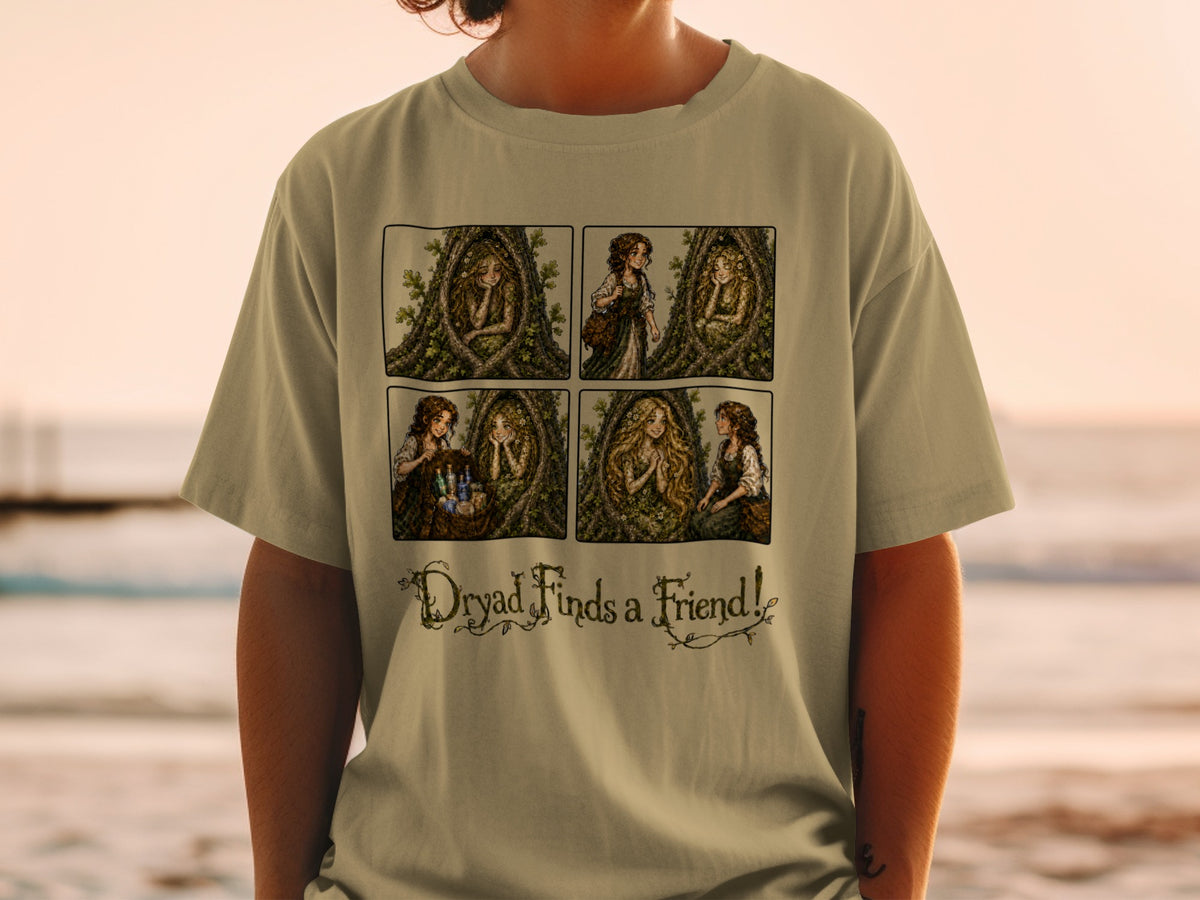 Comic strip of a dryad in a tree finding a friend, with text "Dryad Finds a Friend!".