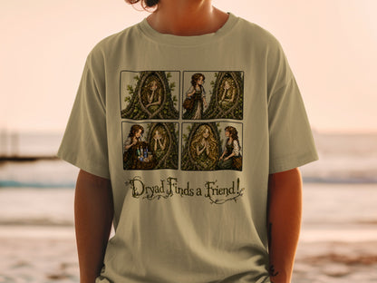 Comic strip of a dryad in a tree finding a friend, with text "Dryad Finds a Friend!".
