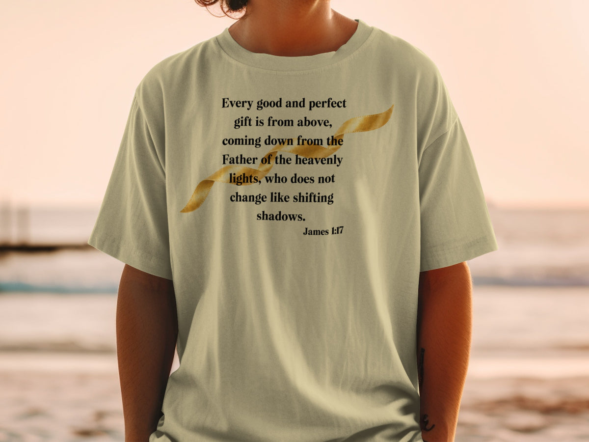 T-shirt with James 1:17 quote and golden ribbon design.