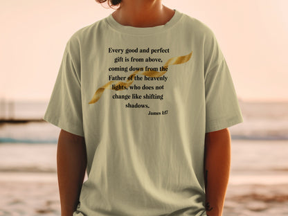 T-shirt with James 1:17 quote and golden ribbon design.