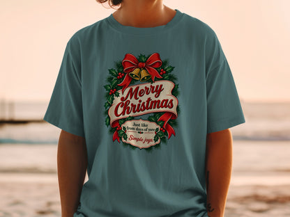 Teal t-shirt with "Merry Christmas" and "Simple joys" festive graphic.