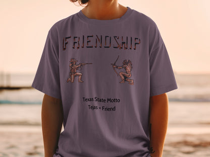 T-shirt with "FRIENDSHIP" text, cowboy with rifle, and Native American with bow.