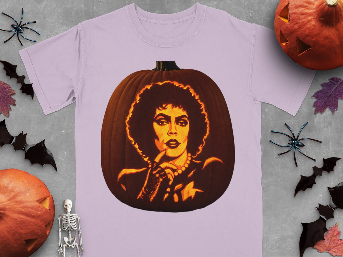 A light purple t-shirt features a large jack-o'-lantern carved with the face of Dr. Frank-N-Furter.
