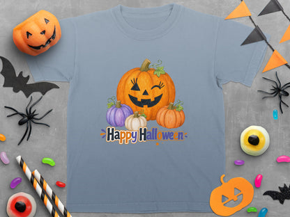 Blue t-shirt with a Halloween design featuring smiling pumpkins and the text "Happy Halloween".