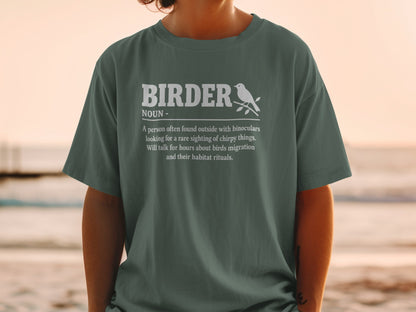 T-shirt with "BIRDER" definition and bird illustration.