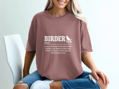 T-shirt with "Birder" definition and a bird on a branch graphic.