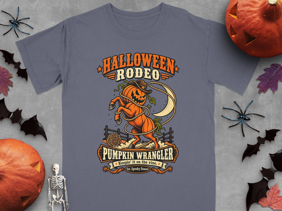 Halloween Rodeo Pumpkin Wrangler shirt with a lassoed pumpkin horse design.