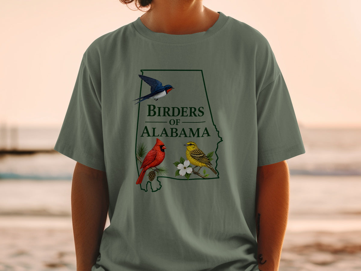 Alabama map outline with text "Birders of Alabama" and illustrations of birds.
