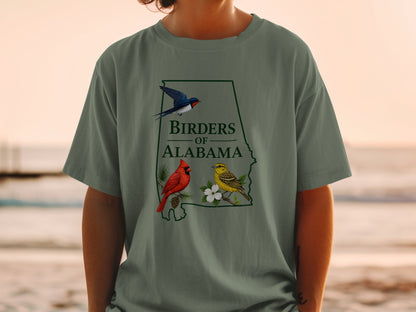 Alabama map outline with text "Birders of Alabama" and illustrations of birds.