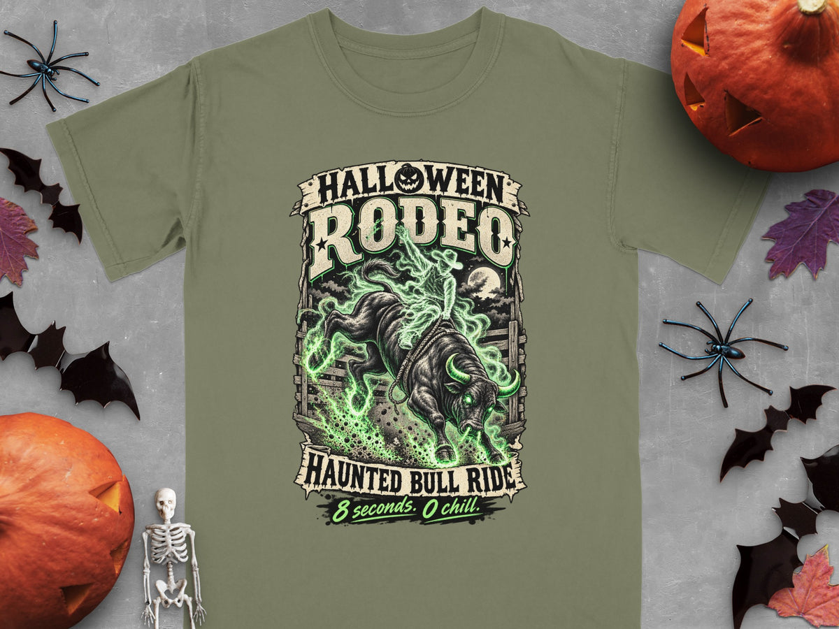 Green t-shirt with "Halloween Rodeo Haunted Bull Ride" graphic and skeleton rider.