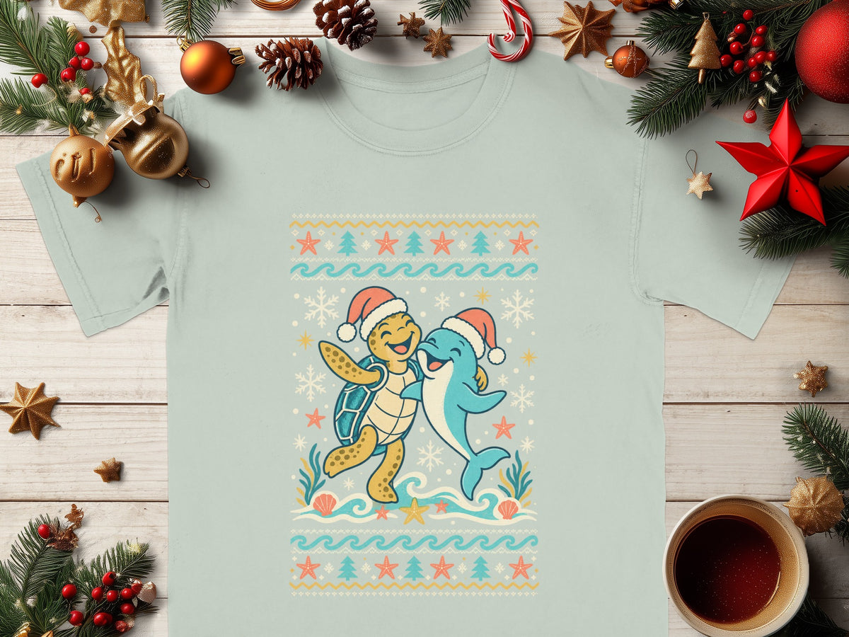Light blue t-shirt with a graphic of a turtle and dolphin wearing Santa hats.