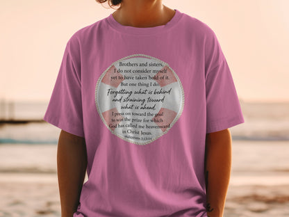 Pink t-shirt with Philippians 3:13-14 quote inside a life preserver graphic.