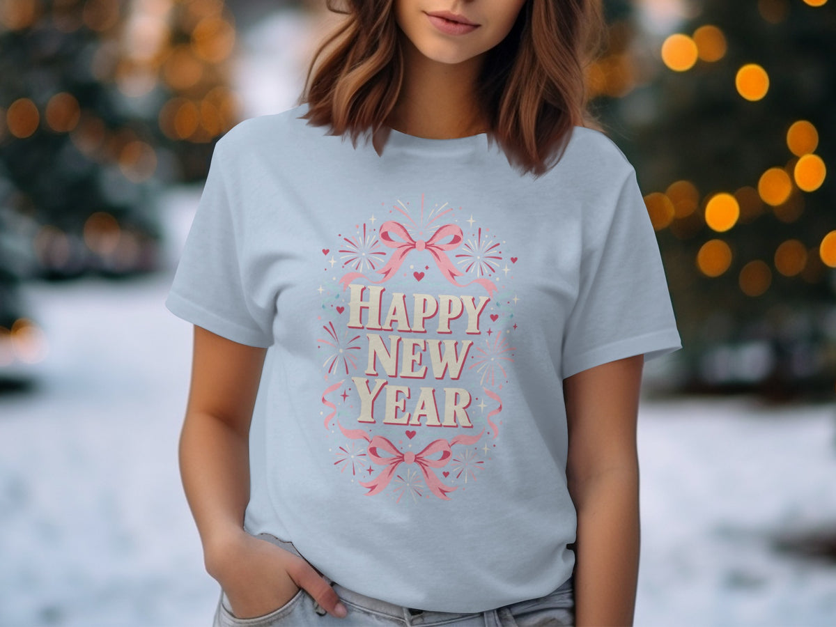 Light blue t-shirt with "Happy New Year" text, bows, and fireworks graphic.