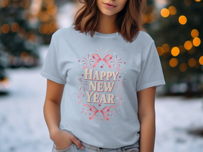 Light blue t-shirt with "Happy New Year" text, bows, and fireworks graphic.