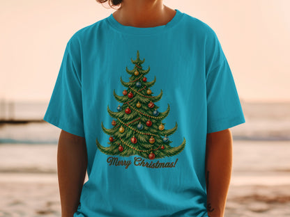 Teal t-shirt with a vintage Christmas tree and "Merry Christmas!" text.