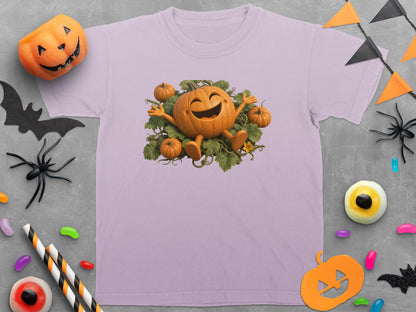Purple t-shirt with a cheerful cartoon pumpkin surrounded by leaves and smaller pumpkins.