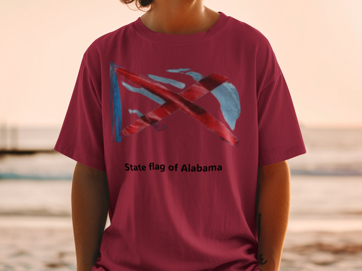 Maroon t-shirt with the Alabama state flag design and text "State flag of Alabama".