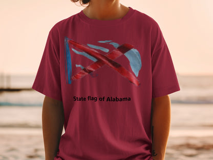 Maroon t-shirt with the Alabama state flag design and text "State flag of Alabama".