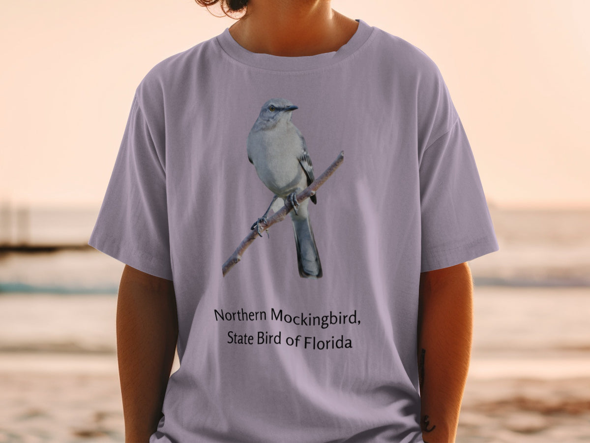 Northern Mockingbird, State Bird of Florida graphic on a t-shirt.