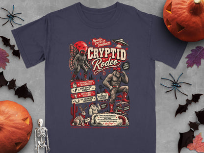Cryptid Rodeo graphic with Mothman, Bigfoot, Jackalope, Chupacabra, and other creatures.