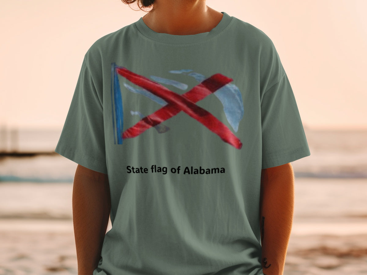 T-shirt with the state flag of Alabama graphic and text.