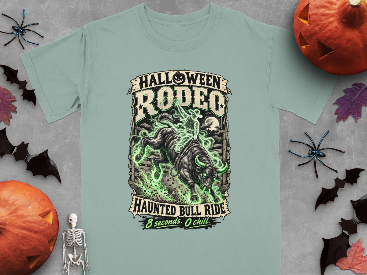 Halloween Rodeo Haunted Bull Ride graphic with skeleton rider and glowing bull.