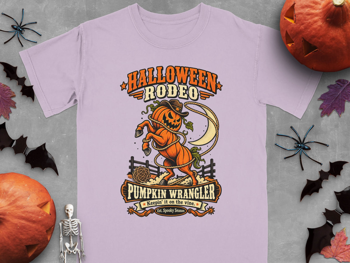 Halloween Rodeo graphic with a pumpkin horse, moon, and rope. Pumpkin Wrangler text.