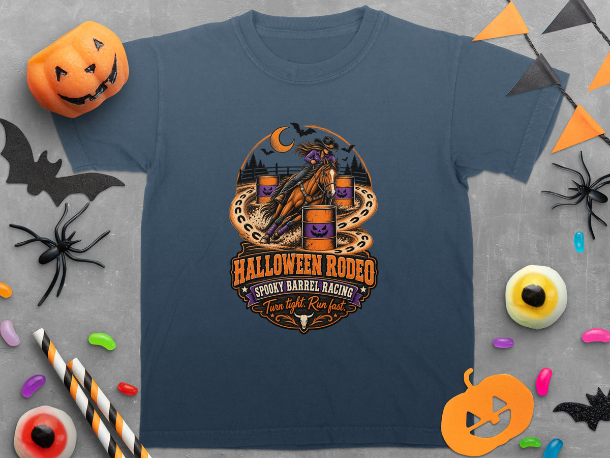 Dark blue t-shirt with Halloween Rodeo barrel racing graphic and text.
