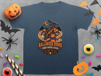 Dark blue t-shirt with Halloween Rodeo barrel racing graphic and text.