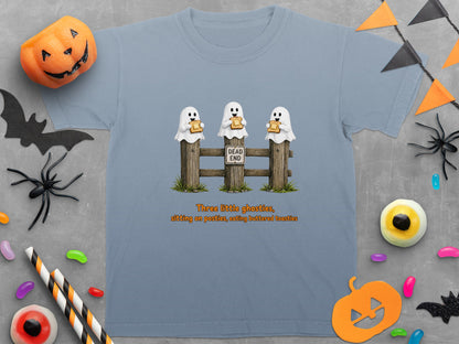 Three ghosts on a fence with a "Dead End" sign, eating toast.