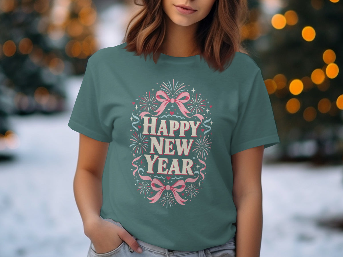 Teal t-shirt with "Happy New Year" text and festive bow design.