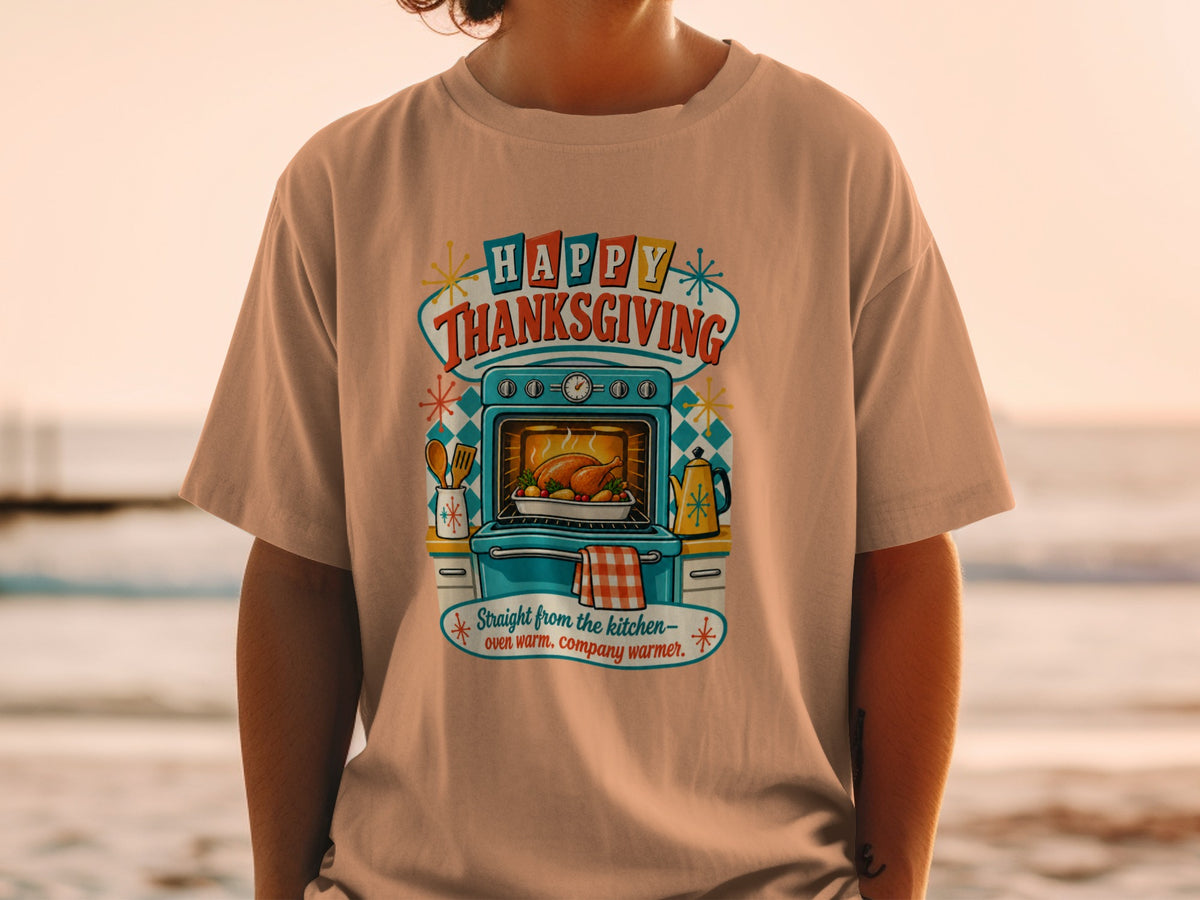 "Happy Thanksgiving" text above a cartoon oven with a turkey, oven warm company warmer quote.
