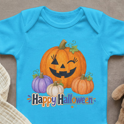 Blue baby bodysuit with pumpkins and "Happy Halloween" text graphic.