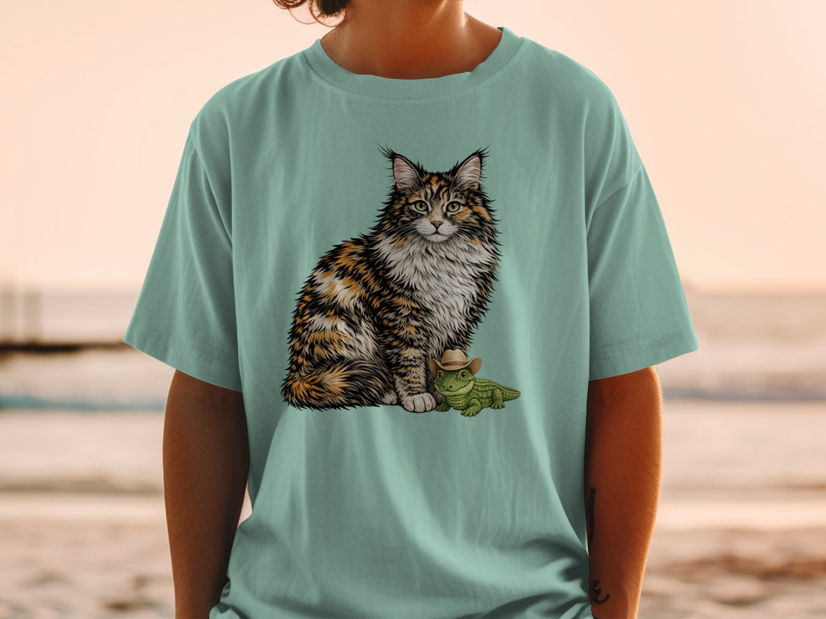 A person wearing a sage green t-shirt printed with a fluffy calico cat and a tiny alligator wearing a cowboy hat.