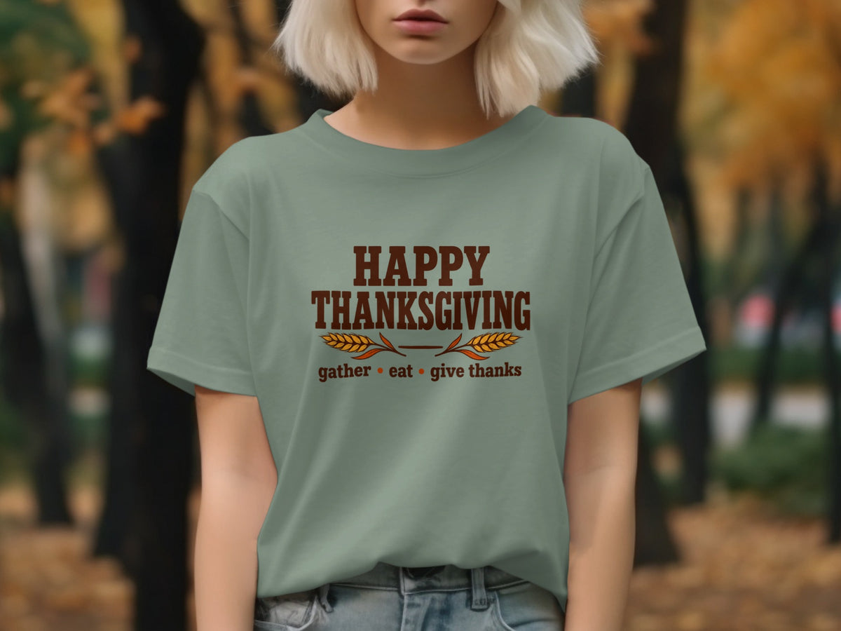 Light green t-shirt with "Happy Thanksgiving" text and wheat accents.