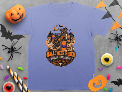 T-shirt with a Halloween Rodeo graphic featuring a barrel racer, pumpkins, bats, and the text "Halloween Rodeo".