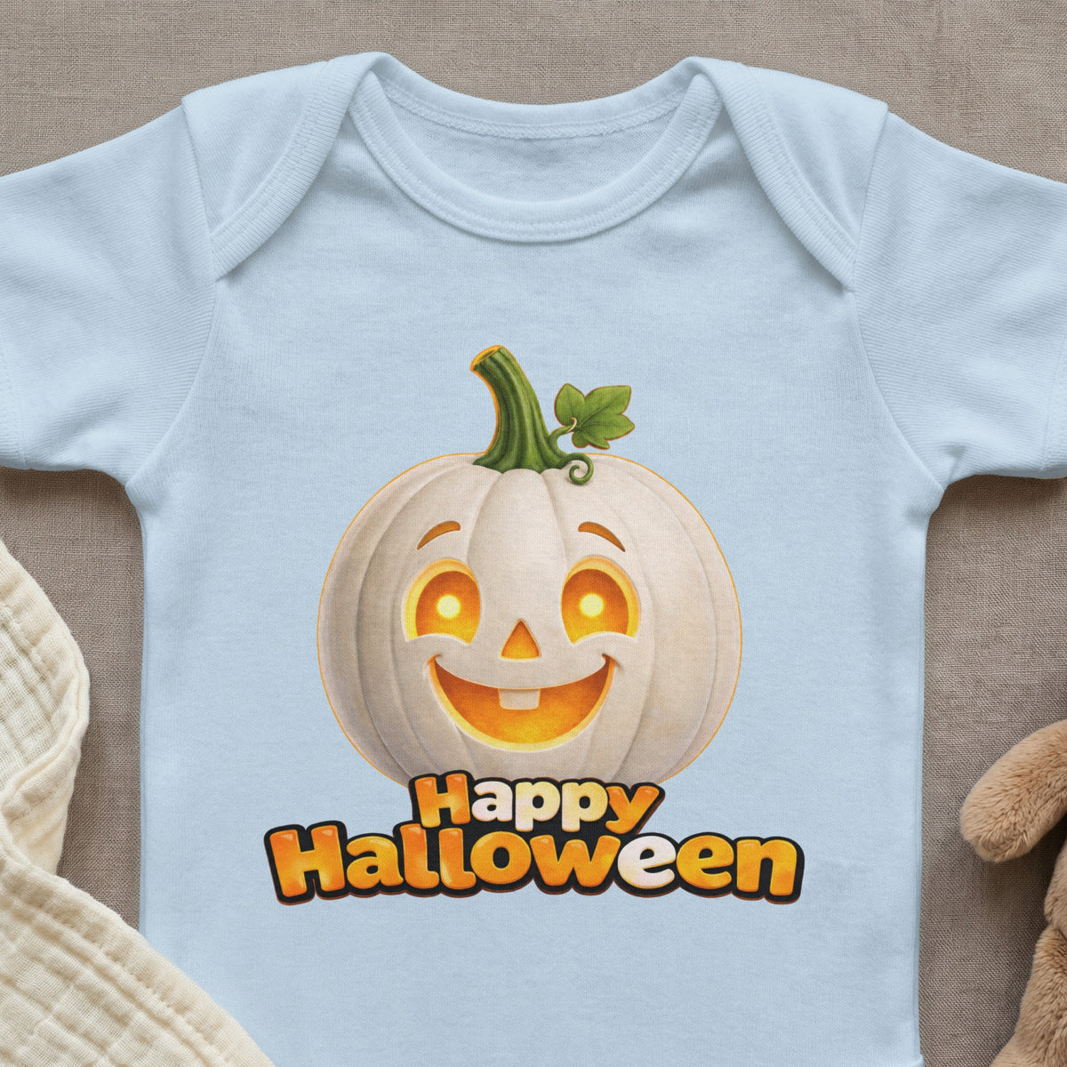 Light blue baby onesie with a smiling white jack-o-lantern and "Happy Halloween" text.