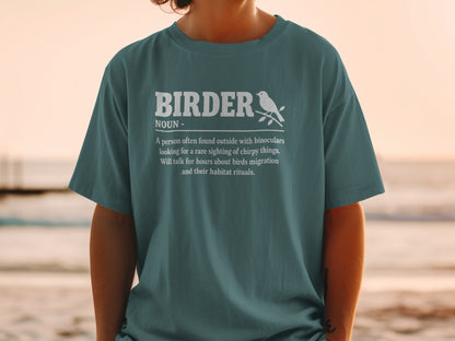 Teal t-shirt with "Birder" definition and bird graphic.