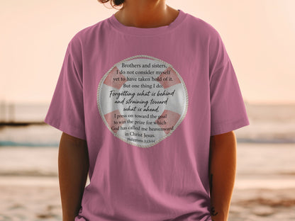 Pink t-shirt with biblical quote "Forgetting what is behind... in Christ Jesus."