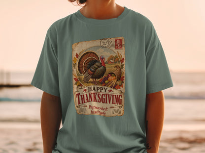 Thanksgiving graphic with turkey, cornucopia, and "Happy Thanksgiving Postmarked: Gratitude" text.