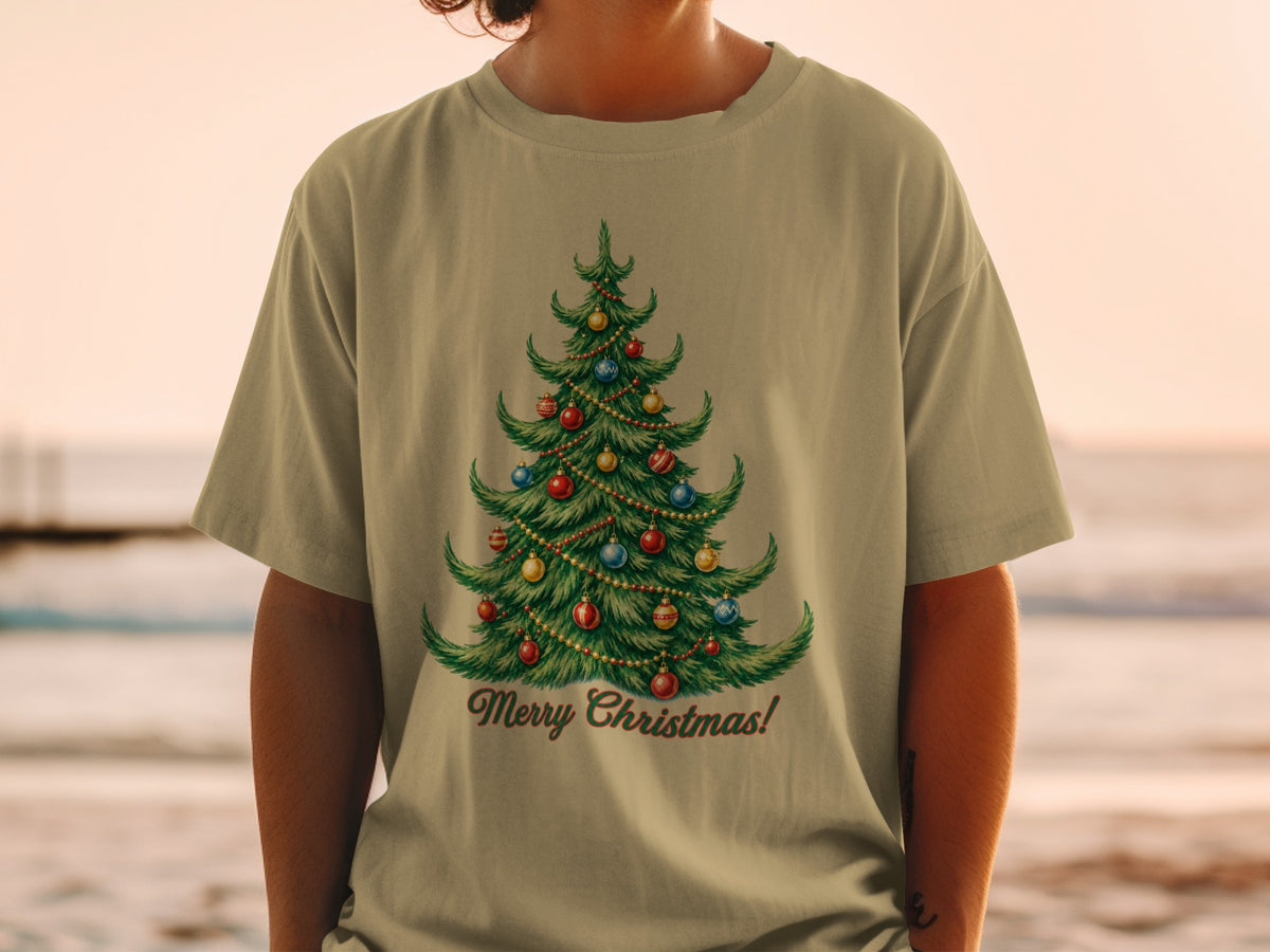 T-shirt with a decorated Christmas tree graphic and "Merry Christmas!" text.