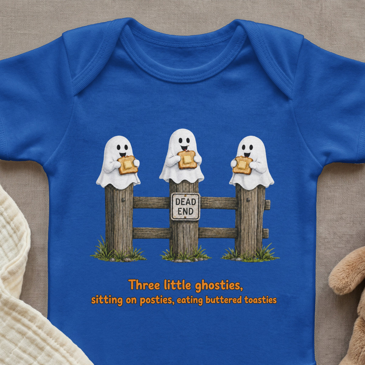 Blue baby onesie with ghosts eating toast on a fence with "Dead End" sign.