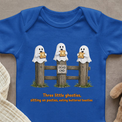 Blue baby onesie with ghosts eating toast on a fence with "Dead End" sign.