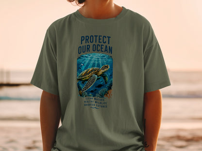 T-shirt with "Protect Our Ocean" text and sea turtle graphic.