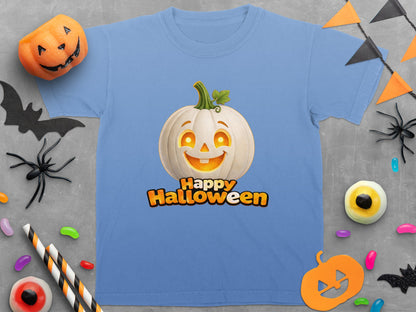 Blue t-shirt with glowing white jack-o'-lantern and "Happy Halloween" text.