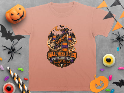 T-shirt graphic: "Halloween Rodeo Spooky Barrel Racing Turn Tight Run Fast" text with barrel racer.