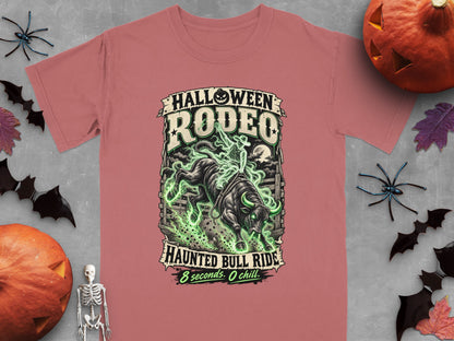 T-shirt graphic with "Halloween Rodeo Haunted Bull Ride" text and a bull rider.