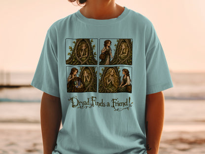 Comic strip of a dryad finding a friend, with text "Dryad Finds a Friend!".